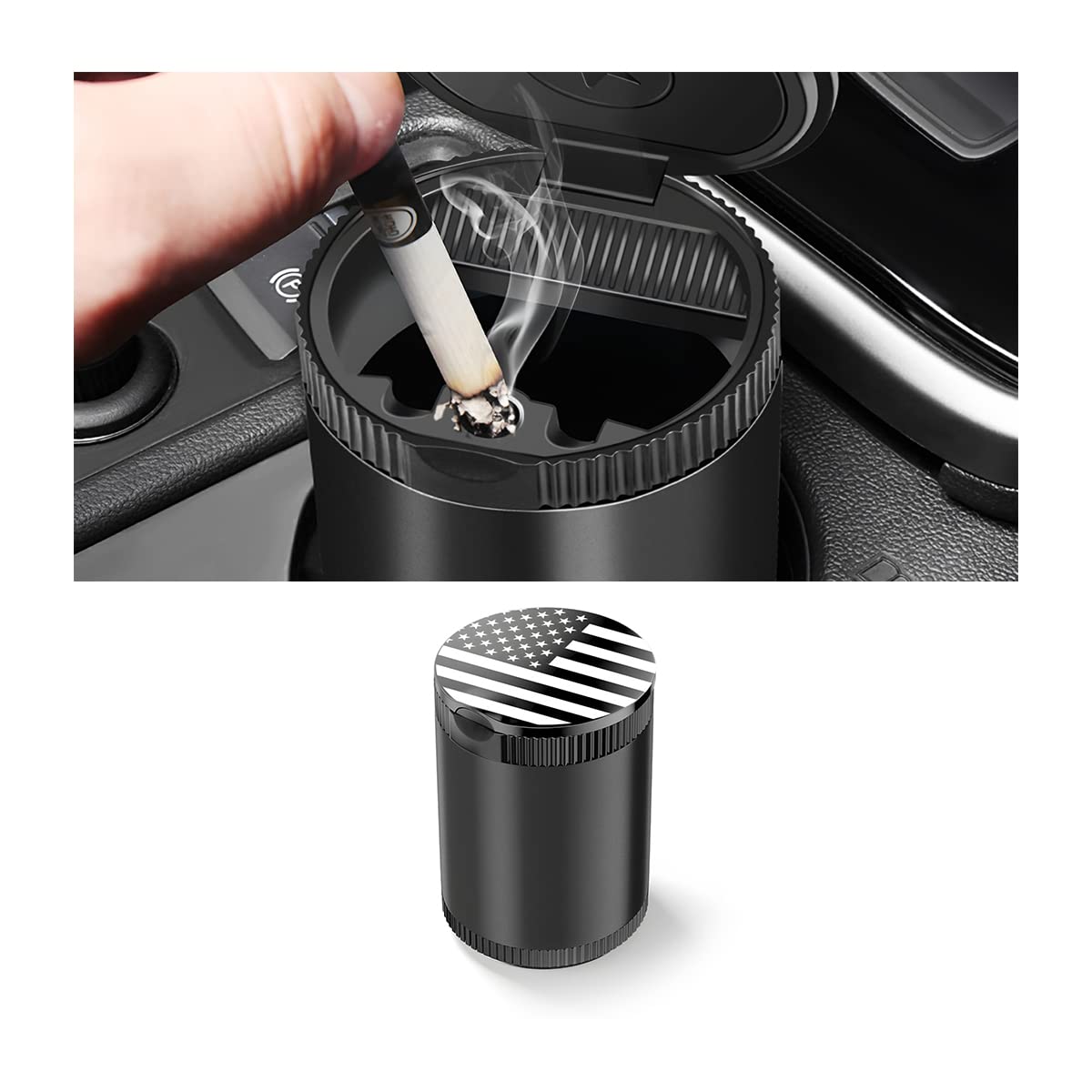 AUCELI Car Ashtray with Lid, Detachable Ash Container for Vehicles Cup Holder, USA Flag Cigarette Smokeless Cylinder Mini Trash Can, Portable Auto Accessories Mini Trash Can for Office Home (Black)