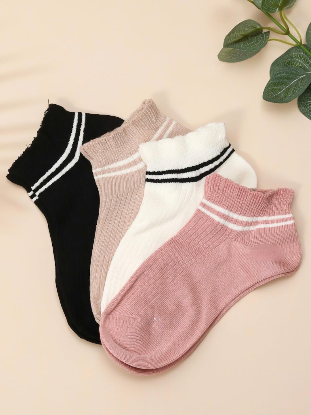 Yellow Bee Cotton Striped Ruffle Cuff Ankle-Length Socks for Girls - 4 Pairs, Peach, Beige, Black and Cream, 10-12 Years - Image 4 thumbnail