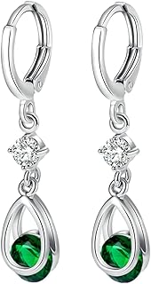 Lirzxin 9K Gold Earrings for Women, Hoop Hollow Waterdrop with Round Amethyst Dangle Earrings for Women White Gold