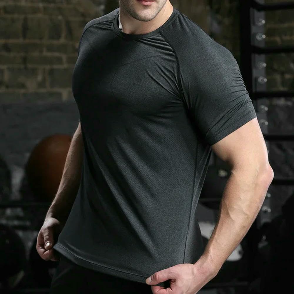 DYRBF - Maglietta sportiva da uomo, alla moda, con scollo rotondo, traspirante, per corsa, allenamento, palestra, jogging, elasticizzata, vestibilità aderente
