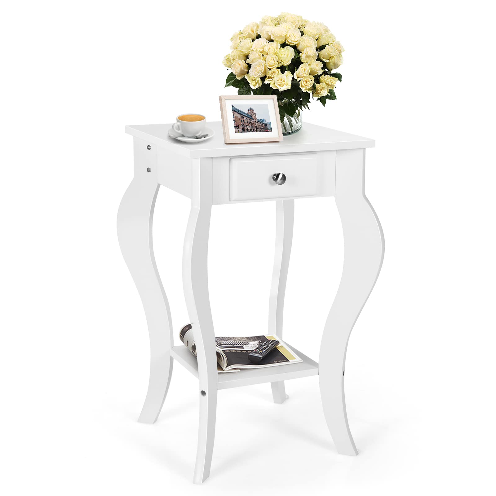 GIANTEX Retro bijzettafel met lade en open plank, rechthoekig