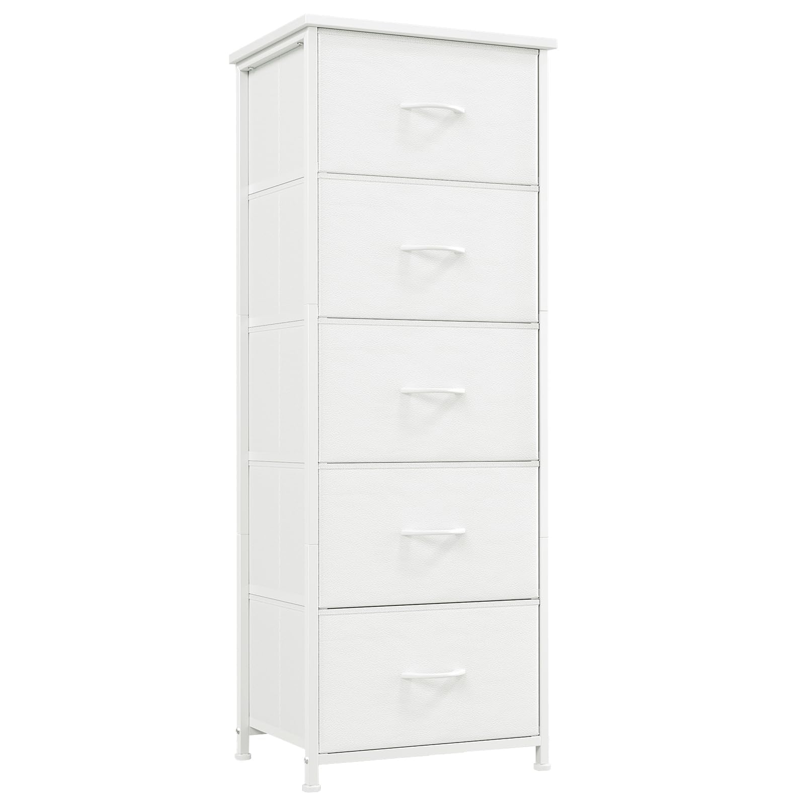 Bentifar Tall 5-Drawer Fabric Dresser, Bedroom Storage Organizer Unit with Fabric Bins & Wooden Top, Sturdy Steel Frame for Closet, Hallway (White)
