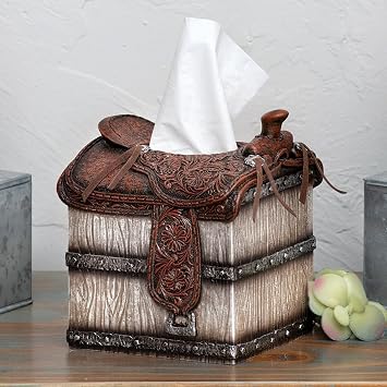 BLACK FOREST DECOR Western Saddle Tissue Box, Leather, Bathroom Hardware, 6" W x 6" D x 6 9/10" H