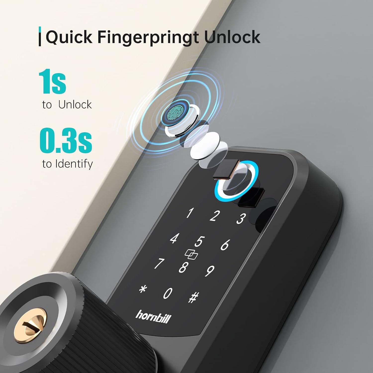 Hornbill Keyless Entry Door Lock: Front Door Lock, Fingerprint Keypad Smart Door Knob, Biometric Digital Electronic Door Lock with App, Passcodes, IC Cards, Smart Lock for Home Office, Matte Black