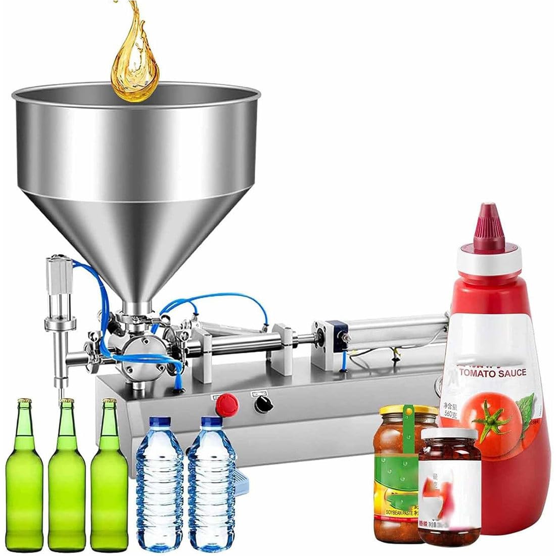Pneumatyczna maszyna do napełniania płynnej pasty, pojemność 50-1500 ml, zbiornik 40 l na śmietanę, szampon, miód, olej, sos, pastę do zębów, sos chili, masło