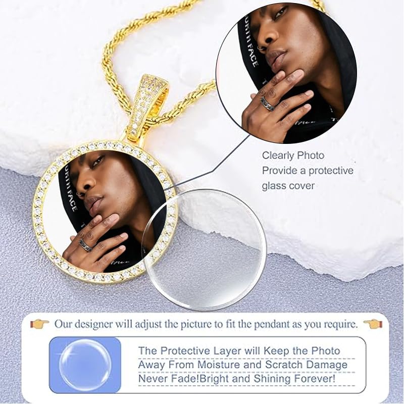 Hiyong Personalized Picture Necklace for Men Women 18K Gold Plated Custom Photo Pendant with Memory Medallion Choose Tennis Cuban or Rope Chain - Necklace for Hip Hop Jewelry Lovers3