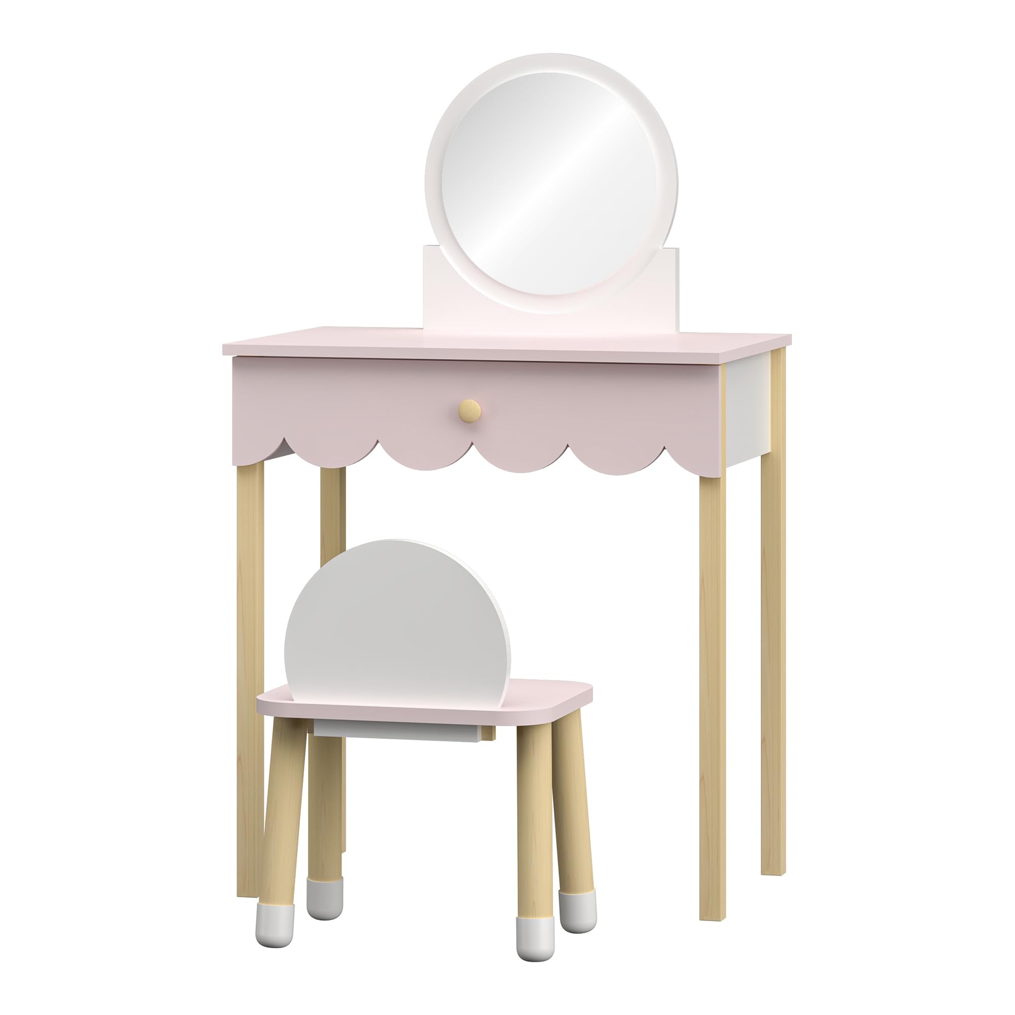 [en.casa] Set di Tavolo da Trucco per Cameretta con Specchio Rotondo e Sedia Tavolino da Toeletta Scrivania con Cassetto e Sgabello per Bambini - Rosa/Bianco