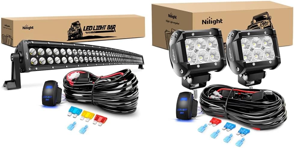 Nilight 42Inch 240W Curved Led Light Bar Spot Flood Combo & LED Light Bar 2PCS 18W Flood Led Off Road Lights 12V 5Pin Rocker Switch LED Light Bar Wiring Harness Kit