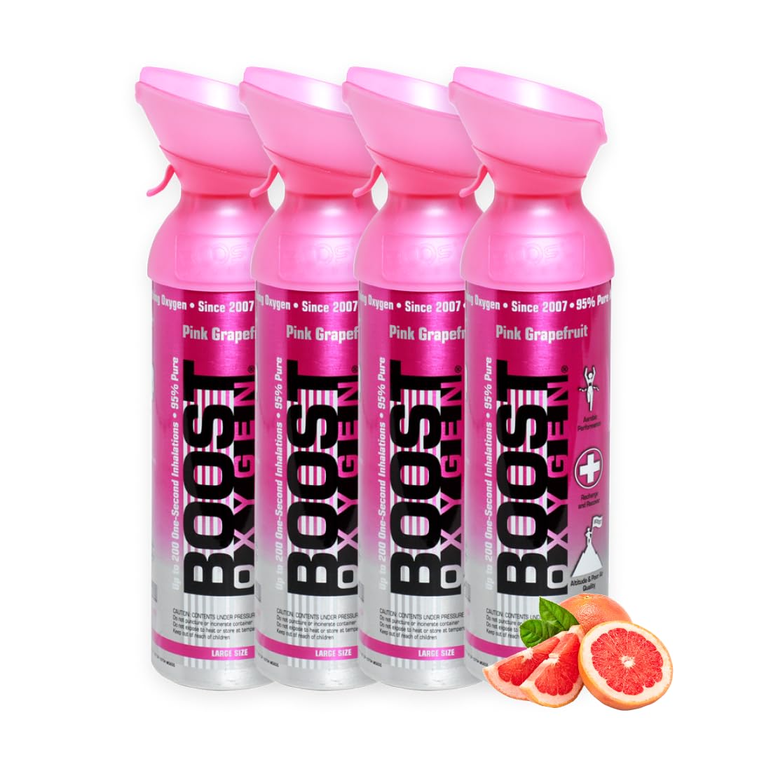 Boost Oxygen Portable Oxygen Cylinder with 95% Oxygen - 36L, 4x9L Oxygen Canister with Oxygen Mask for More Than 600 Inhalations - Portable Oxygen Can, Oxygen for Home use (Pink Grapefruit Flavour)