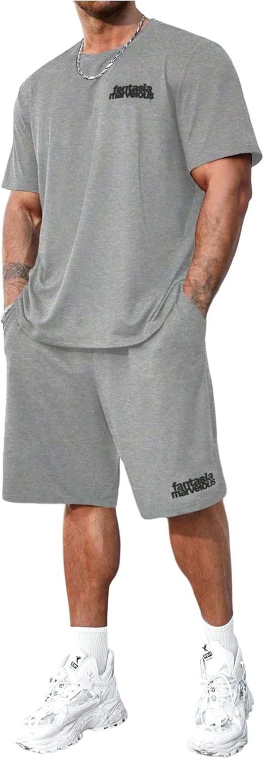 Men's Big and Tall Two Piece Tracksuit Letter Print Short Sleeve T Shirt Track Shorts Set