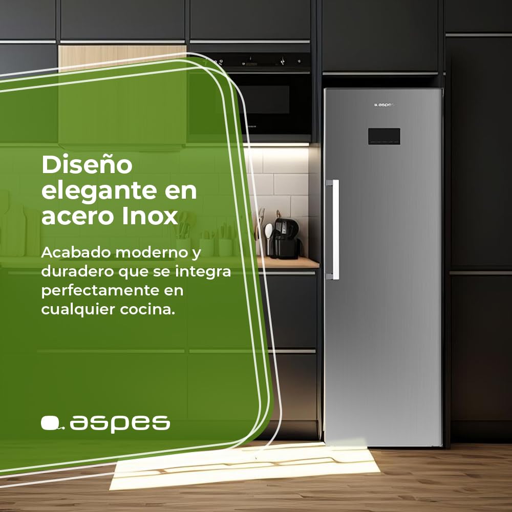 Aspes Refrigerador Inox, 1 Puerta. AR185601ENFDX, Capacidad 359 Litros, No Frost, Multi Air Flow, 40dB, Puerta Reversible, Apertura Tirador, Clase E