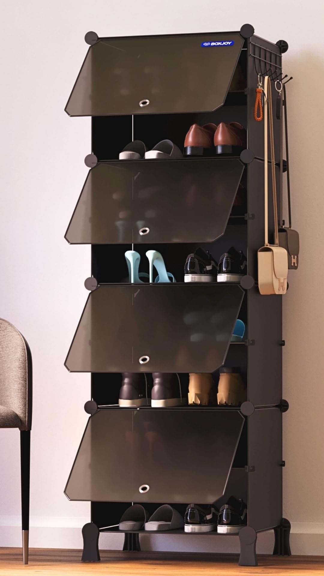 BOXJOY 8 Shelf Shoe Rack Box Organizer with 4 Doors, 5 Hook Steel Holder for Home Storage, PP Plastic Cabinets with Metal Frame, Chappal Slipper Stand (Black Rack, Black Door)-image-17