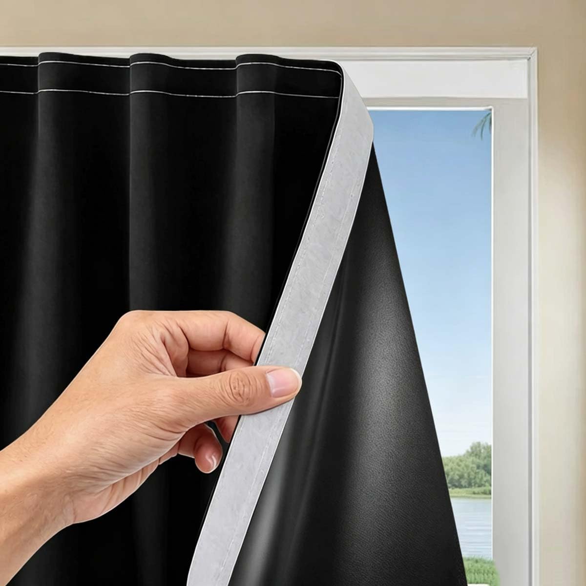 100% Blackout Blind, Self Adhesive Curtains Portable Blackout Blind for Windows Living Room Bedroom Nursery Loft RV Car, Hook & Loop Strip, No Drilling (100W x 120H cm,Black)