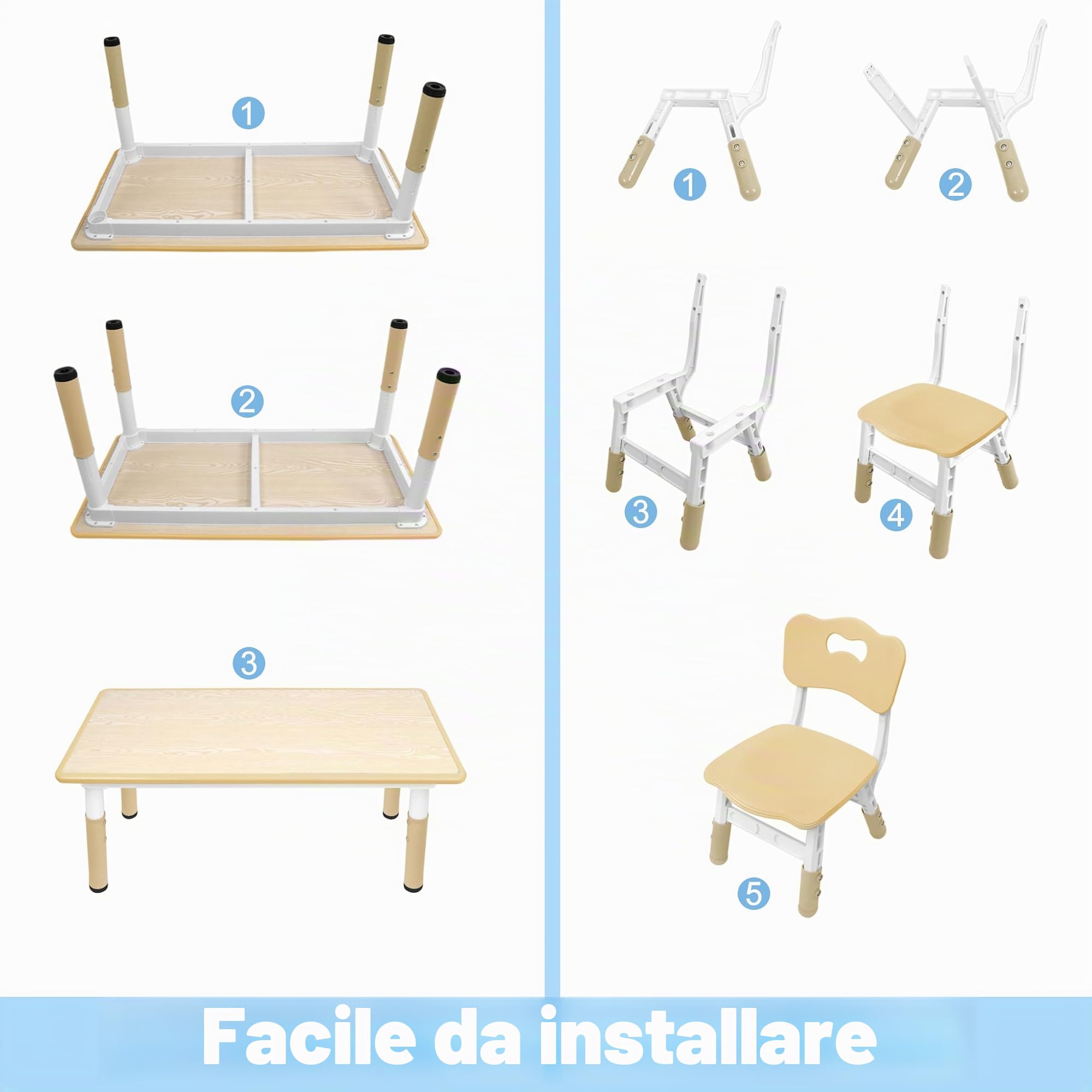 UISEBRT Tavolo per bambini con 4 sedie, set di sedili regolabili in altezza, per bambini dai 2 anni in su, tovaglietta in plastica, mobili per asilo e cameretta dei bambini (colore legno