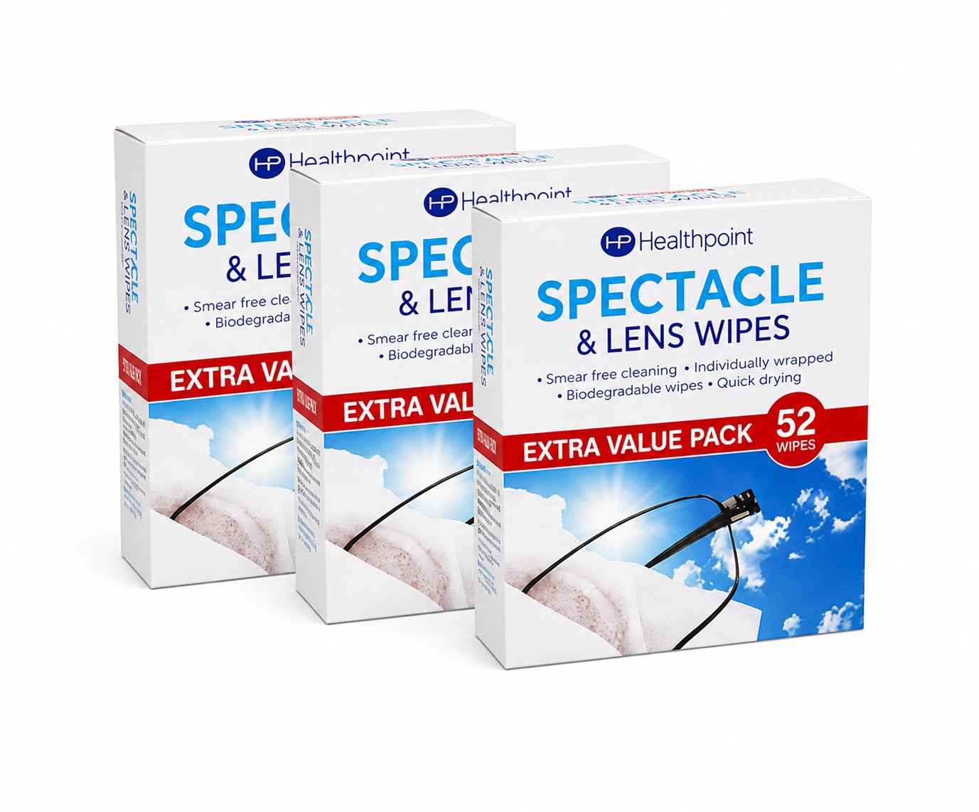 Healthpoint Spectacle Wipes – 3 x 52 (156 Total) | Lens Cleaning Wipes for Glasses, Screens & Optical Surfaces | Streak-Free Anti-Smudge Disposable Wipes | Individually Wrapped