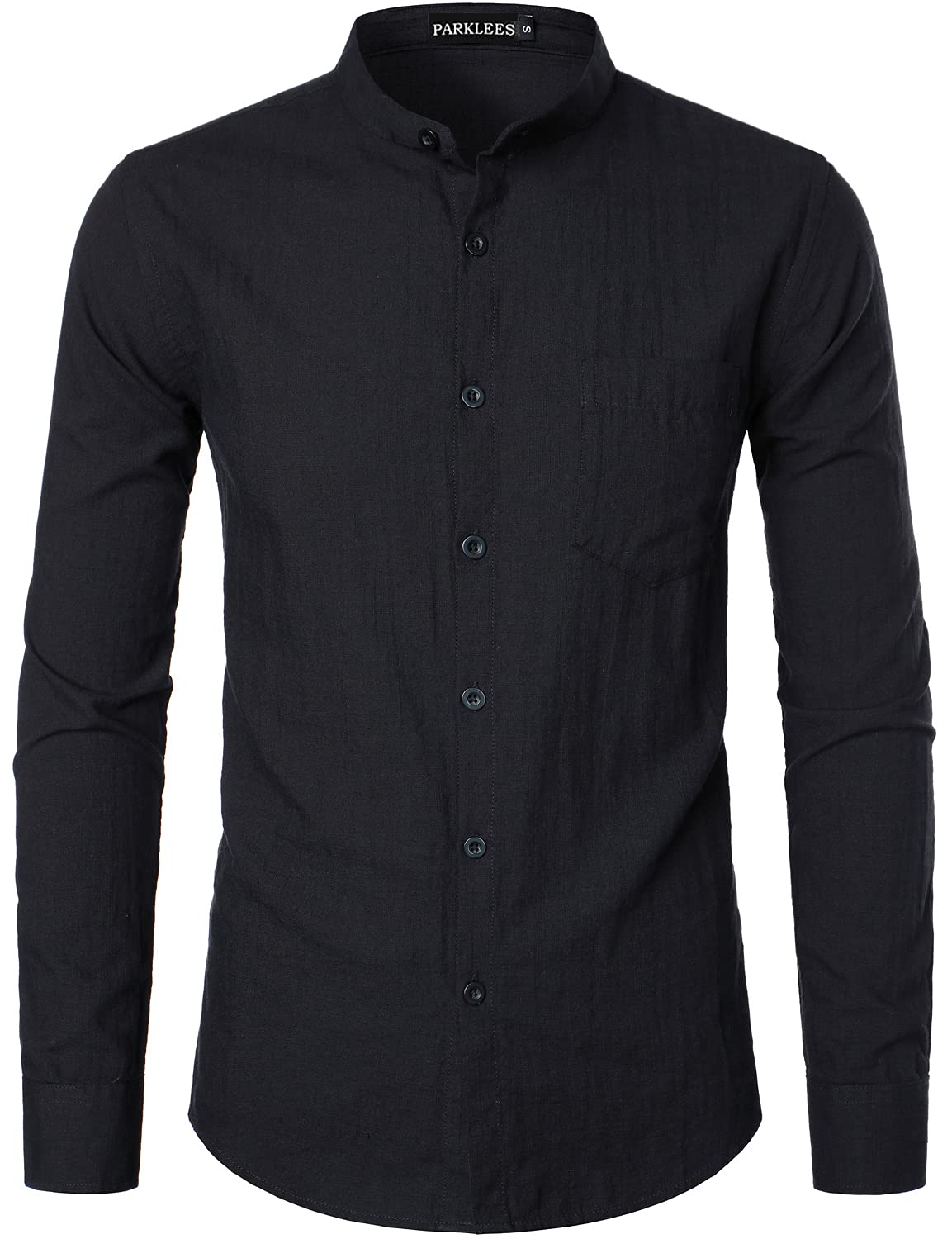 PARKLEES Camisas de algodón y lino de manga larga con botones y bolsillo para hombre
