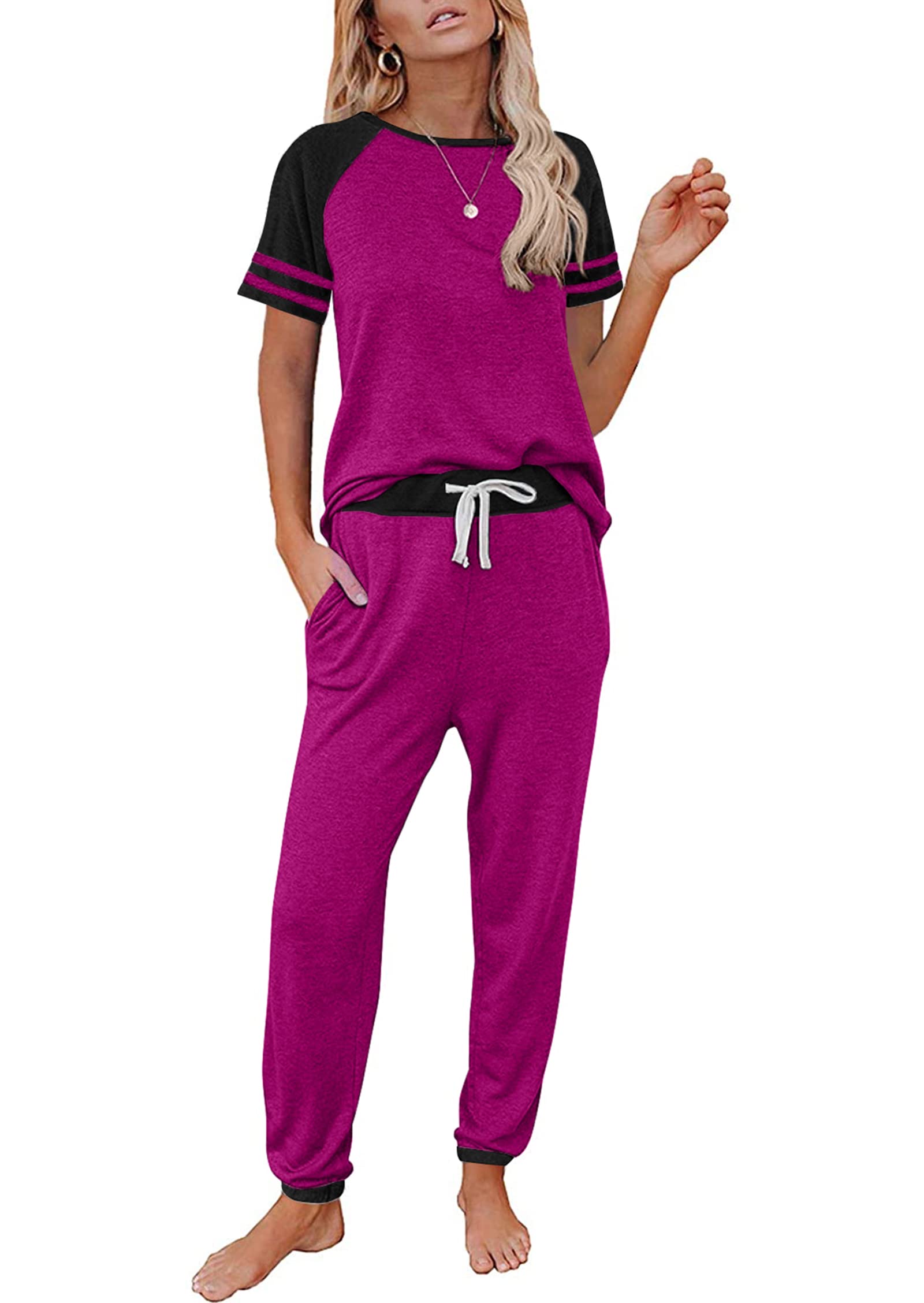 PRETTYGARDEN Women Summer Two Piece Outfits Striped Short Sleeve Pullover and Long Pants Tracksuit Travel Pajama Lounge Set