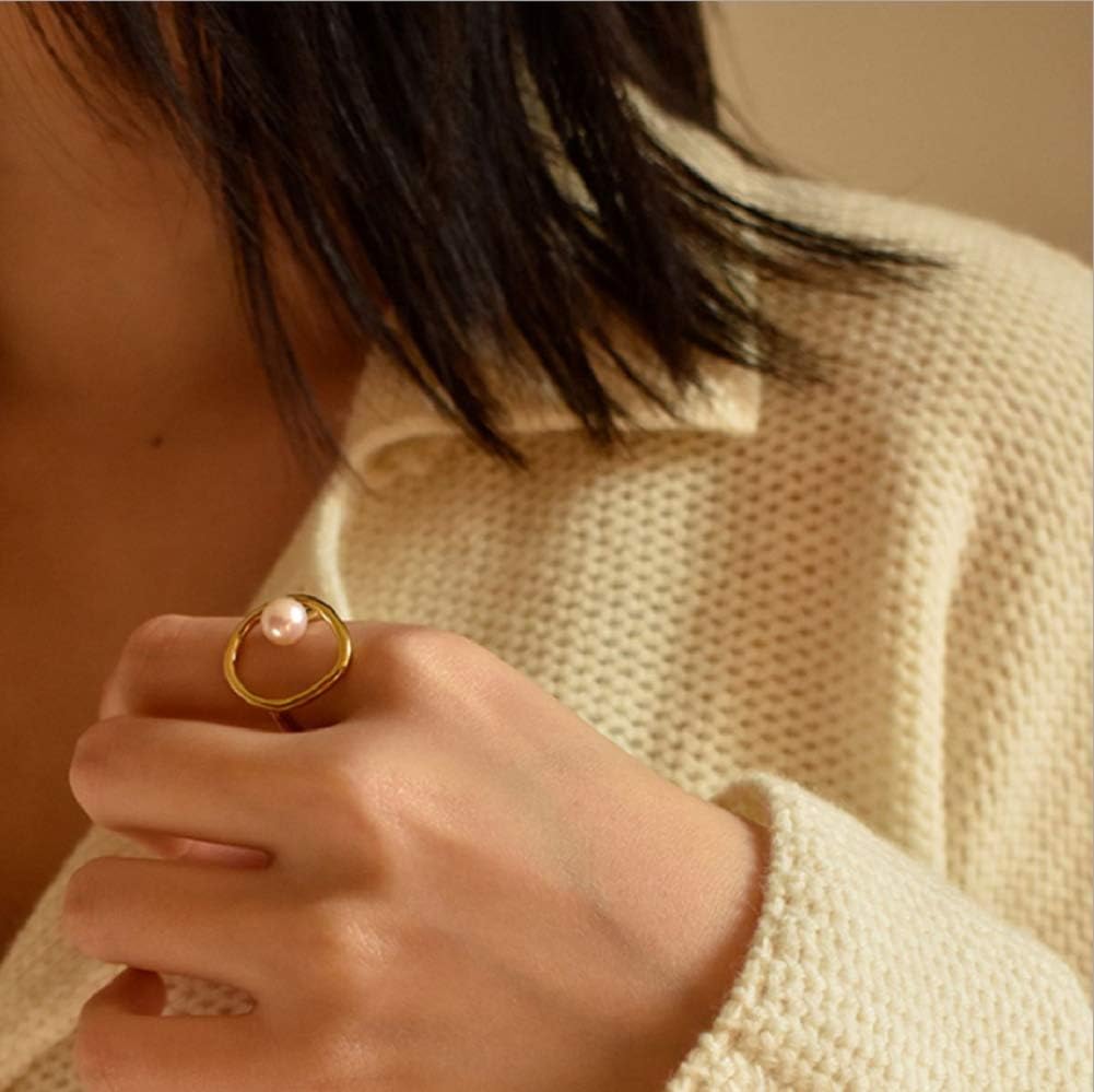 Opening 18K Gold Plated Stackable Bands Ring for Women, Eternity Ring with Shell Pearl, Cubic Zirconia engagement rings vintage gold ring pearl wedding jewelry - Image 4