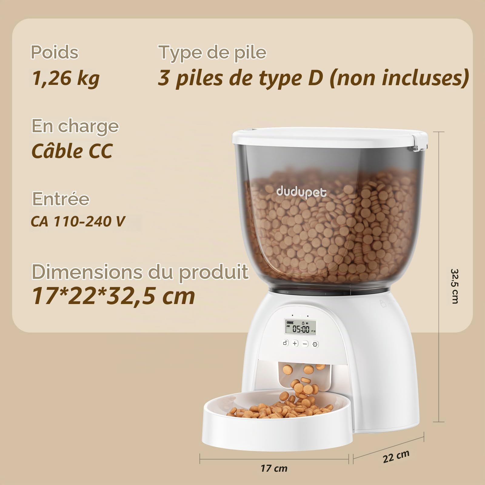 Distributeur Croquettes Chat Automatique 5L - Distributeur Croquettes Chat avec Minuterie Programmable - 1-6 Repas par Jour - Amovible et Lavable, Mangeoire de Nourriture pour Chien