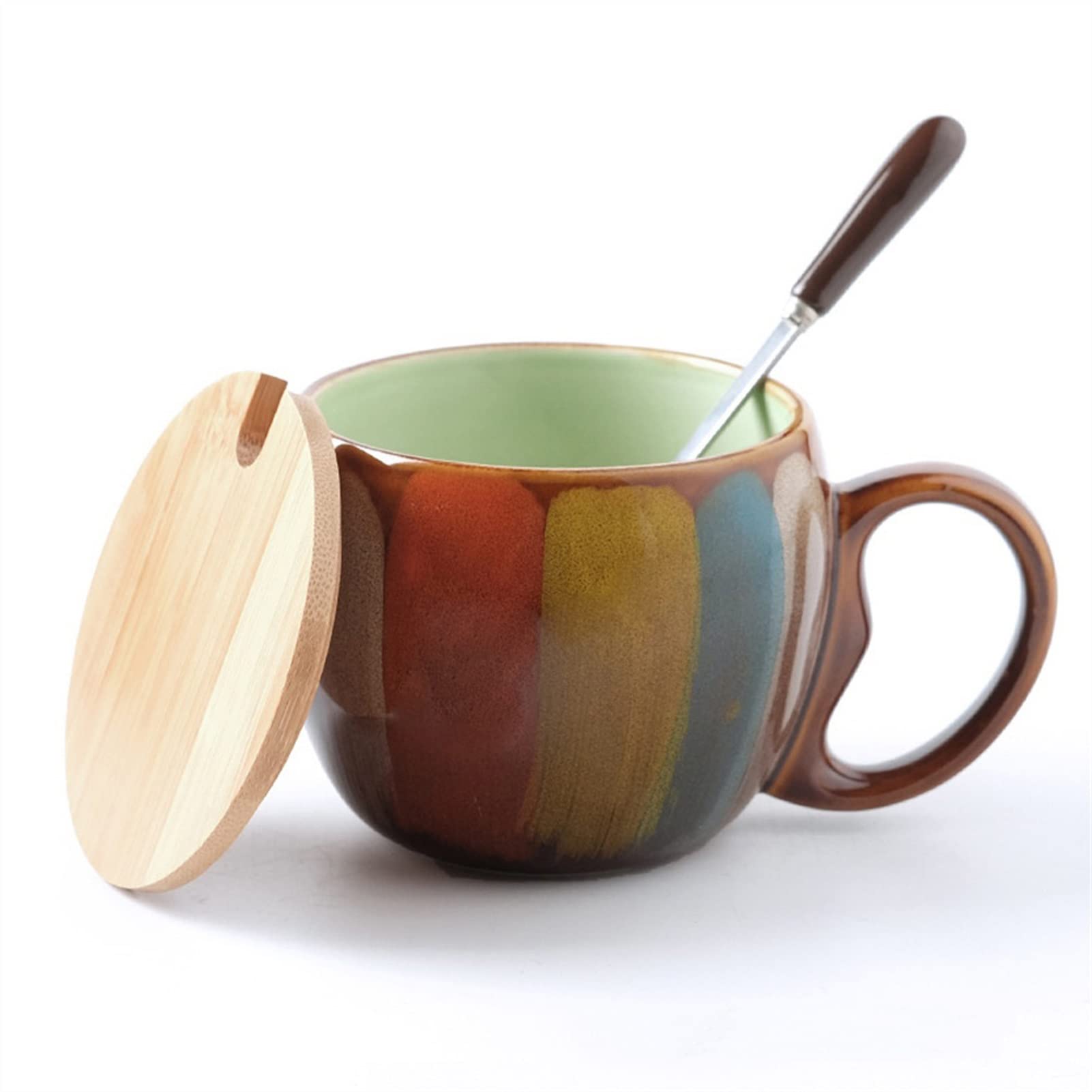 Taza de café de cerámica, Taza de café Pintada, Taza de Agua de té de Desayuno Creativa de cerámica de 12 Oz, Taza de Leche Hecha a Mano con Cuchara (Verde 350ml)