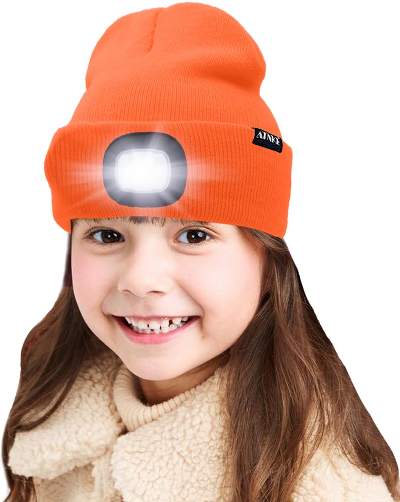 Atnke Boys Orange Kids Led Lighted Beanie Cap, Usb Rechargeable 4 Led Headlamp Waterproof Winter Warmer Knit Night Hats With Light For Girls