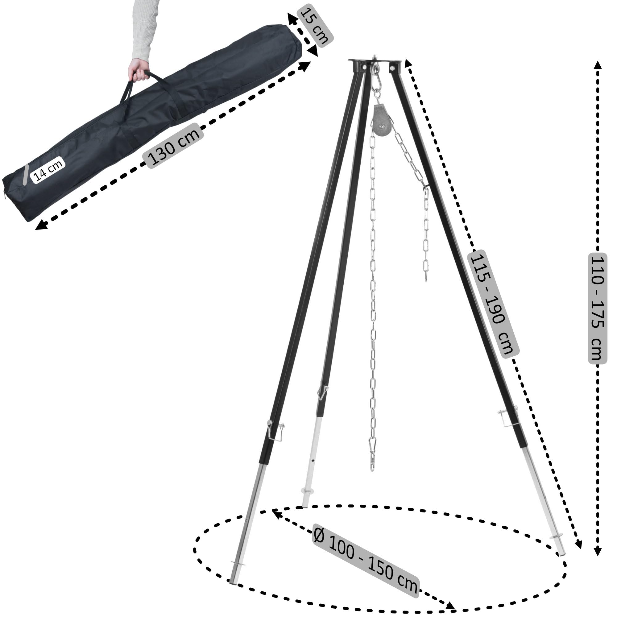 BBQ-Toro Grille à trois pattes d'un diamètre de 70 cm | 112-178 cm | Noir | Trépied pour grille pivotante | Structure en fer à trois pattes | Grille suspendue | Grille à 3 pieds