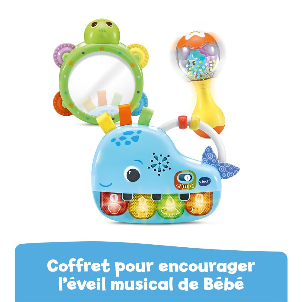 VTech – Estuche de música de Mis primeros instrumentos, primeros juguetes para bebés, piano luminoso e interactivo, pandereta espejo y sonajero Maracas, regalo de nacimiento – Contenido en francés