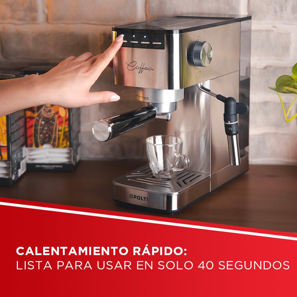 Polti Coffea P10S Cafetera Manual para Espresso y Cappuccino Compatible con Café Molido y Cápsulas Monodosis E.S.E. de 44 mm, Vaporizador para Espumar y Vaporizar la Leche, Depósito de 1.3 L, Plata