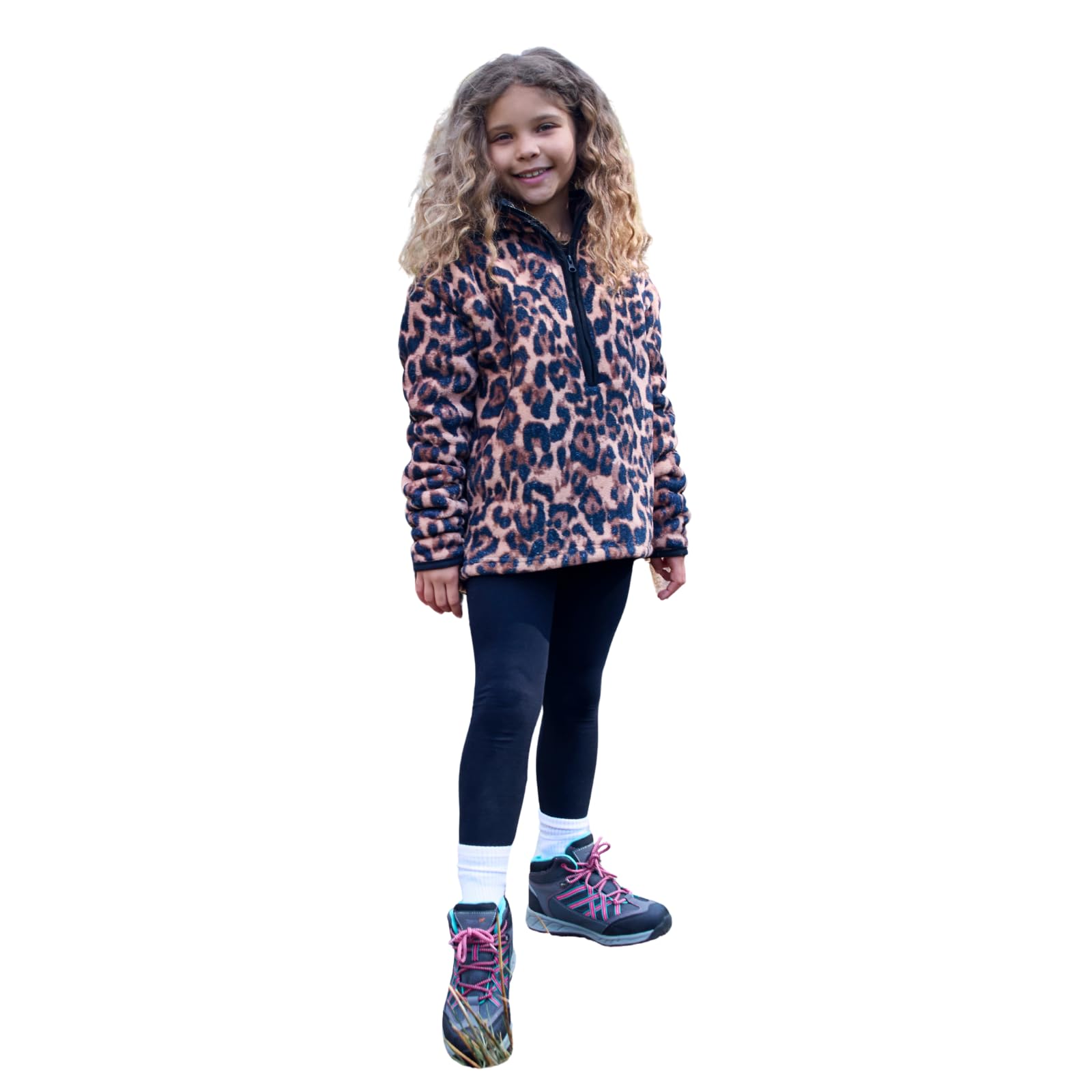 Ohs Unisex Kids Natural Half Zip Fleece Jacket For Kids, Lightweight Warm Leopard Print Jumper Pullover Sweatshirt Casual Long Sleeve Fleece Top For Travelling Outdoor,