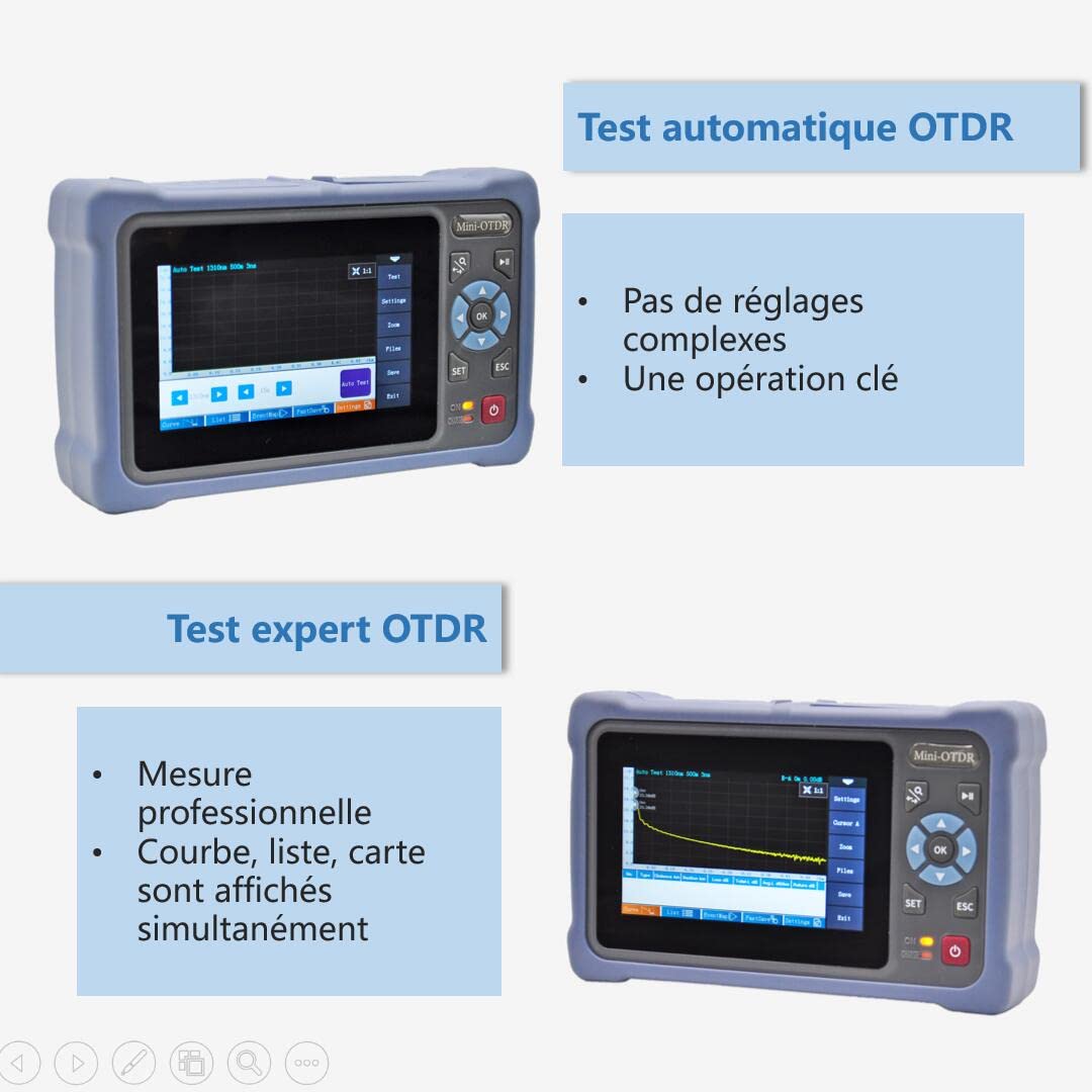 OTDR Fibre Optique 1310/1550nm 26/24dB avec écran tactile de 4,3 pouces, Reflectometre fibre optique OTDR 11-en-1 avec carte des événements VFL OPM OLS RJ45, connecteurs FC/UPC SC ST LC inclus