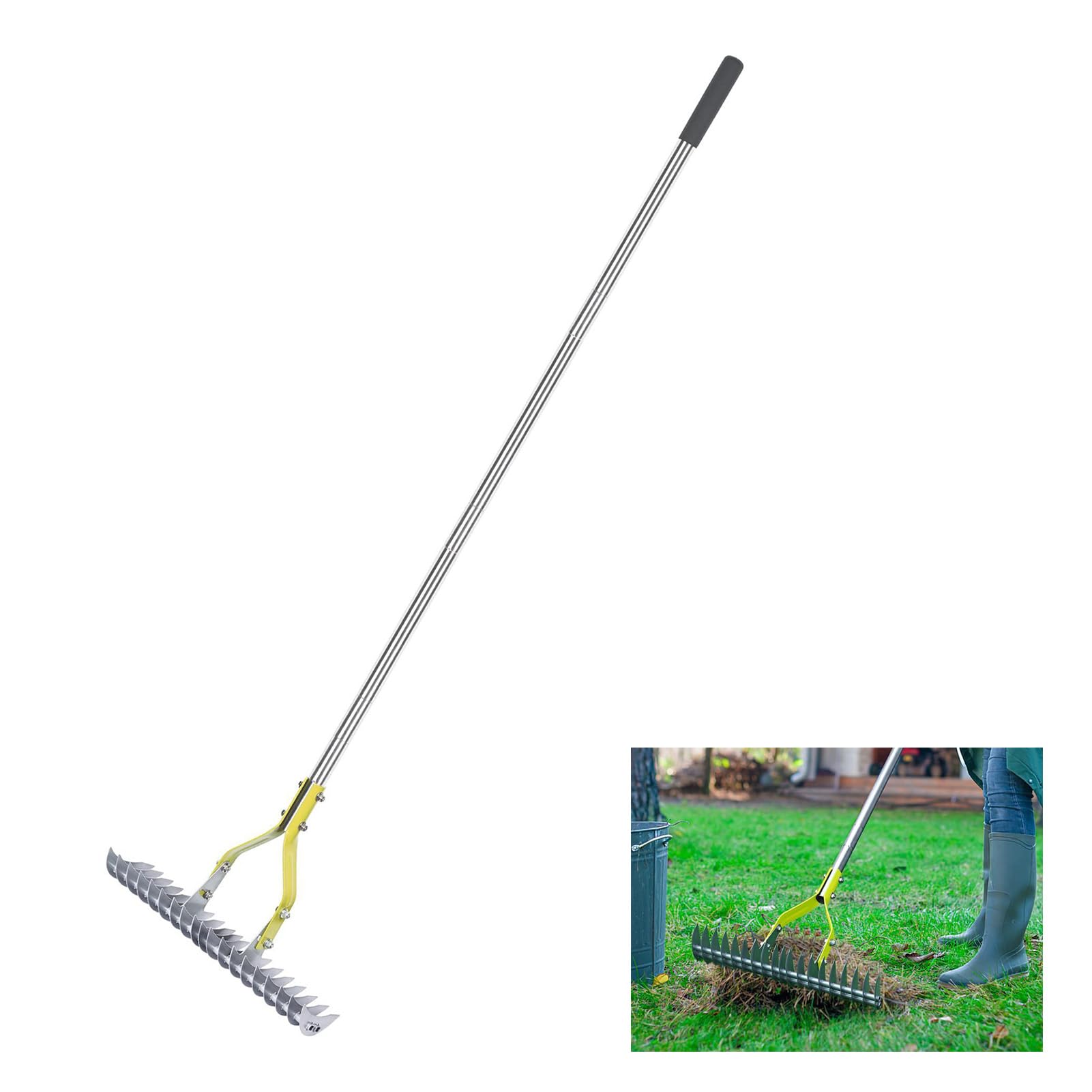 Hidyliu Rastrillo de Paja Ergonómico de Acero Inoxidable de 15 Pulgadas para Limpieza del Jardín, Herramienta Eficaz de Eliminación de Hierba Muerta y Hojas