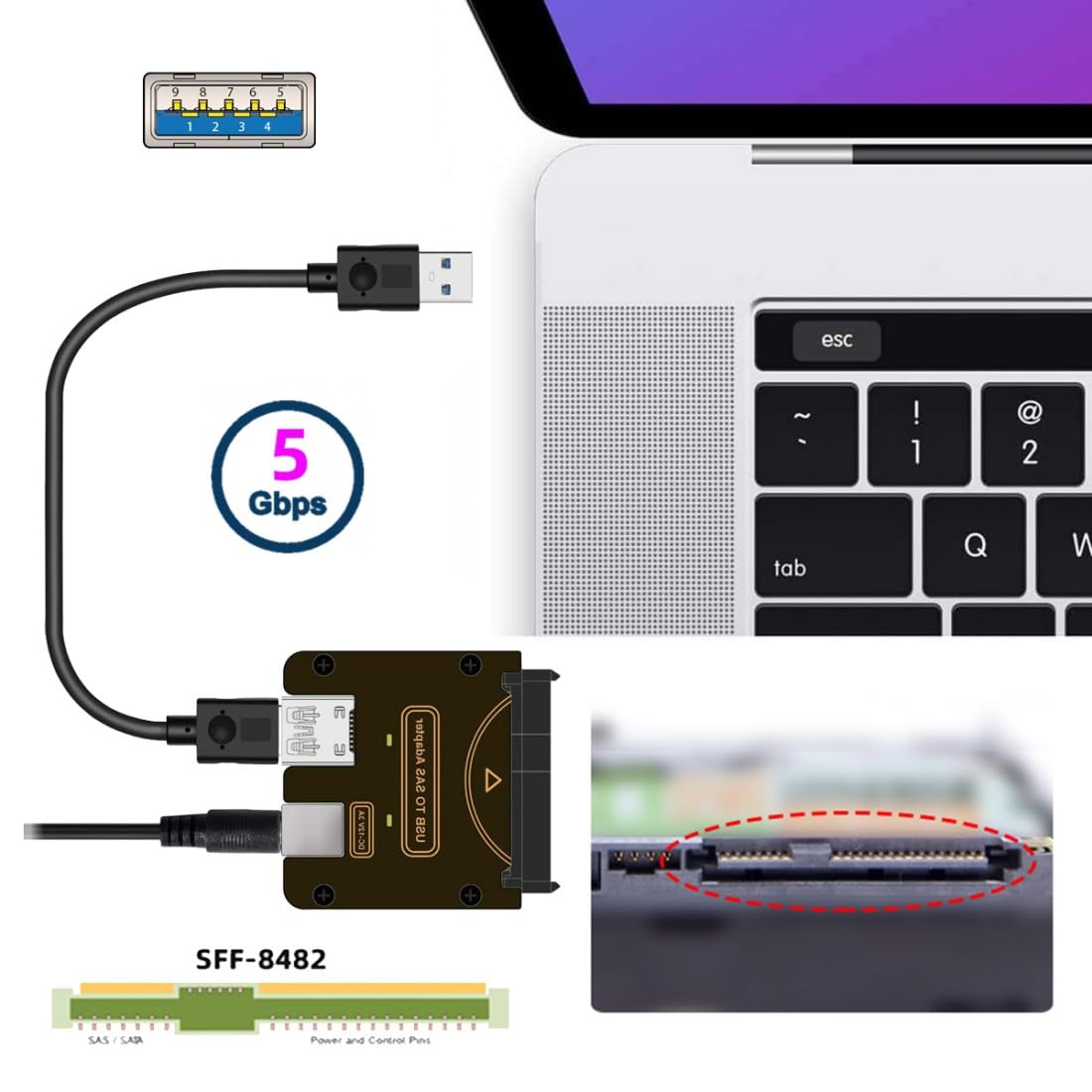 Chenyang USB 3.0 auf SAS Adapter SFF-8482 2,5/3,5 Zoll Festplatte Konvertierungsadapter