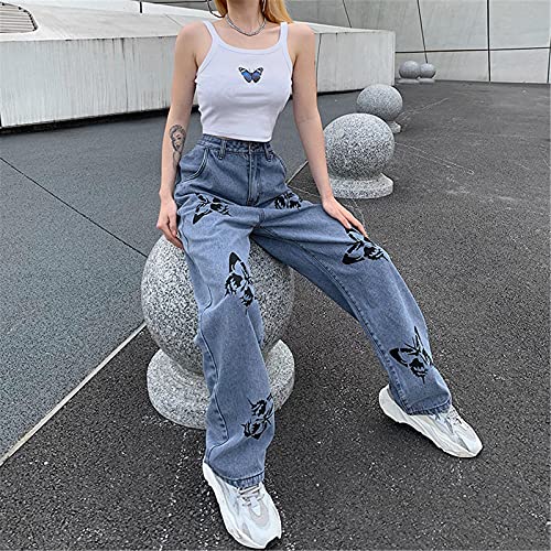 Eauptffy Dames Butterfly Denim Jeans Straight Jeans Y2K Stijl Brede Been Hoge Taille Jeans Harajuku Broek Stretchy Baggy Loose Streetwear Rechte Jeans met Brede Been Casual Broek - Image 5