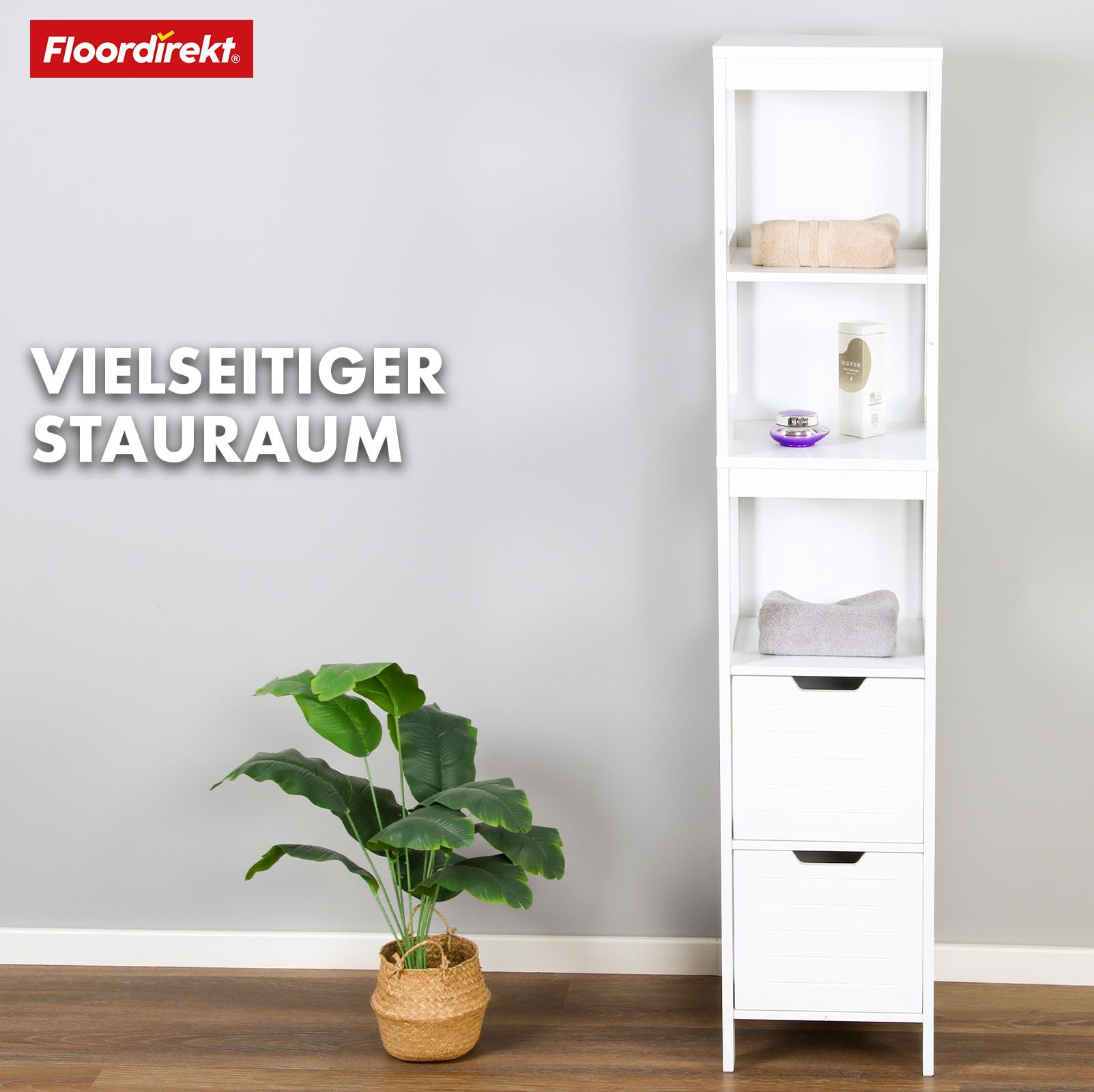 Floordirekt Badezimmerschrank, schmaler Badschrank mit 5 Fächern, weiß, Kleiner Schrank für Badezimmer, stilvolles Design, Badezimmerschränke (Idaho)