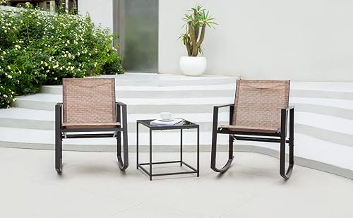 Leveleve 3Pcs Patio Rocking Chair Outdoor Furniture Porch Chairs Conversation Sets Textilene 2 Chairs, With Tempered-Glass Coffee Table (Textilene 02) #TOP6
