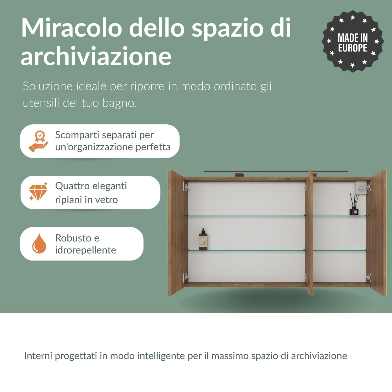 Planetmöbel ARIA Armadio a specchio con illuminazione, 120 x 70 x 16 cm, Armadietto da bagno sospeso con specchio, Rovere dorato, con lampada e presa elettrica, per bagno ospiti