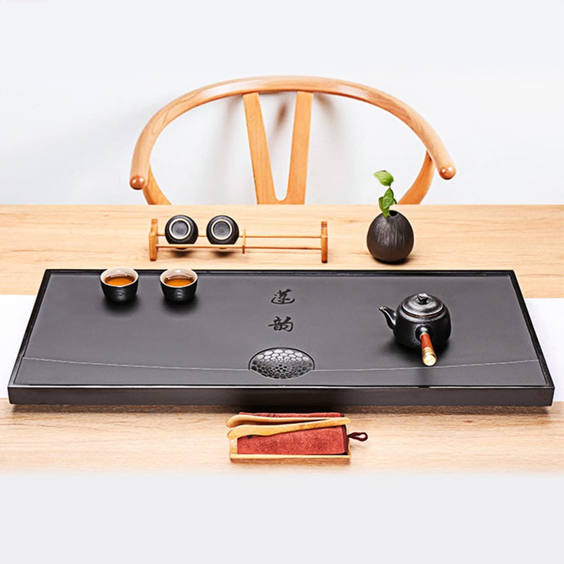 Plateau en Pierre avec Trou de Drainage et 8 Accessoires pour Service à thé Kungfu (A 70 x 35 x 3 cm)