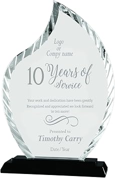 Personalized 9.5" Clear Flame Award on Black Base, Custom Engraved Glass Award Plaque for Employee Appreciation, Recognition, Service, Retirement