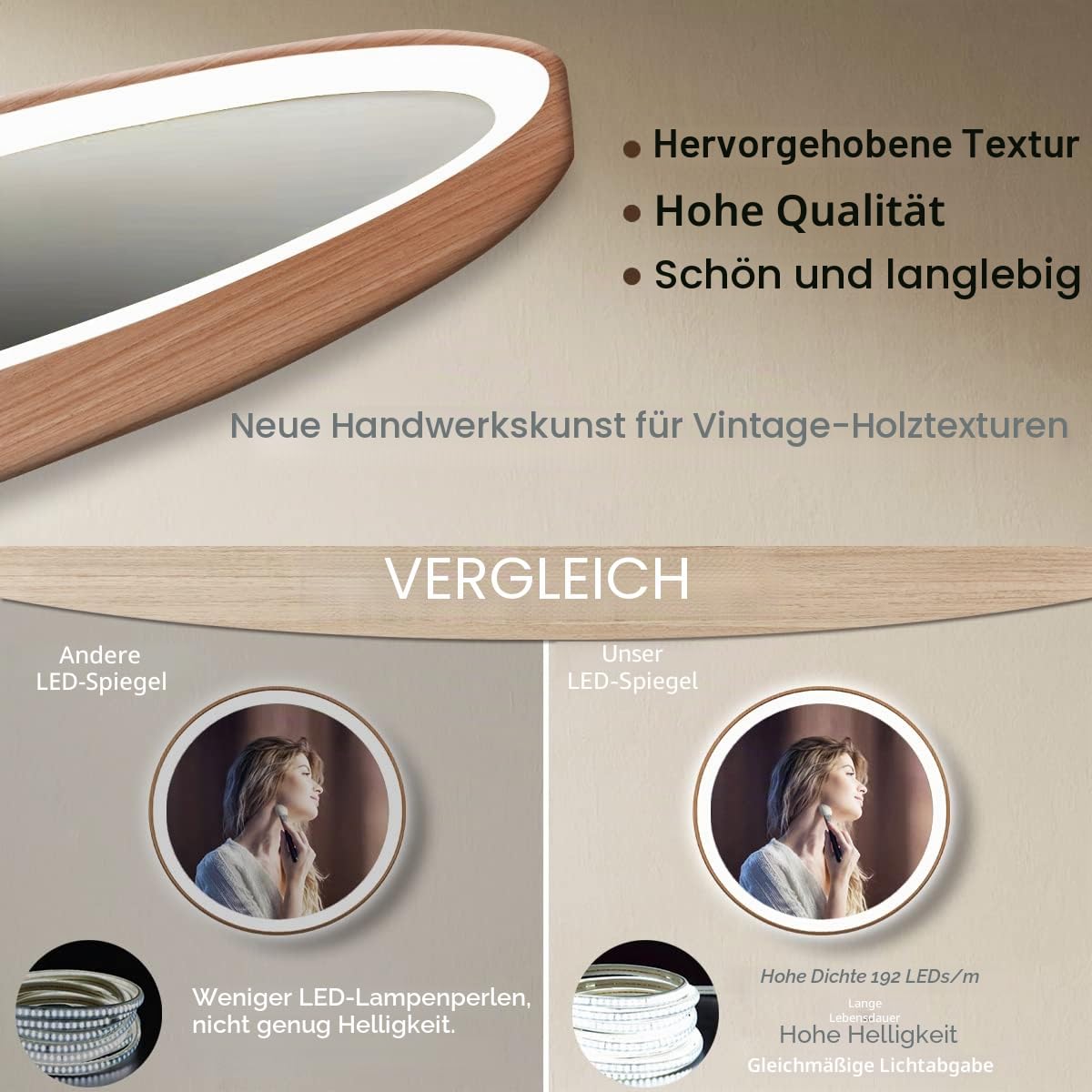 Holzrahmen, runder LED-Badezimmerspiegel mit Lichtern, 50.8 cm, Holz, rund, beleuchtet, Spiegel für Badezimmer, Wand, Schminktisch, Badezimmer, intelligenter Kreisspiegel