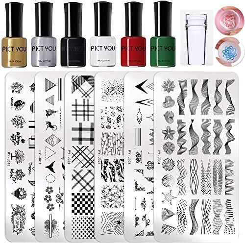 PICT YOU Nail Art Stamping Tool Kit 6Pcs Stripe Image Stamp Plate with 6 Bottles 8ml Classic Stamping Polish Nail Stamper and Scrapers DIY Nail Art Design