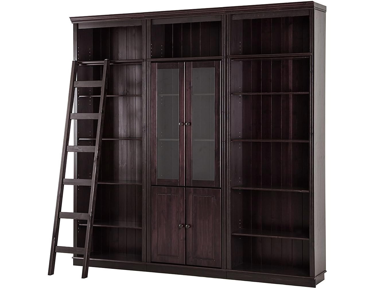 Anita Wall Unit D with 3 Bookcases, 2 Glass Doors, 2 Wooden Doors and 1 Ladder in Havana Lacquer, 222 x 34 x 223 cm (W x D x H)