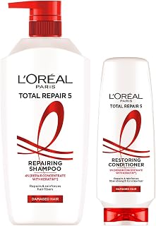 L'Oreal Paris Shampoo, For Damaged And Weak Hair, With Pro-Keratin + Ceramide, Total Repair 5 800mL + Conditioner 180 mL, Regime Pack of 2