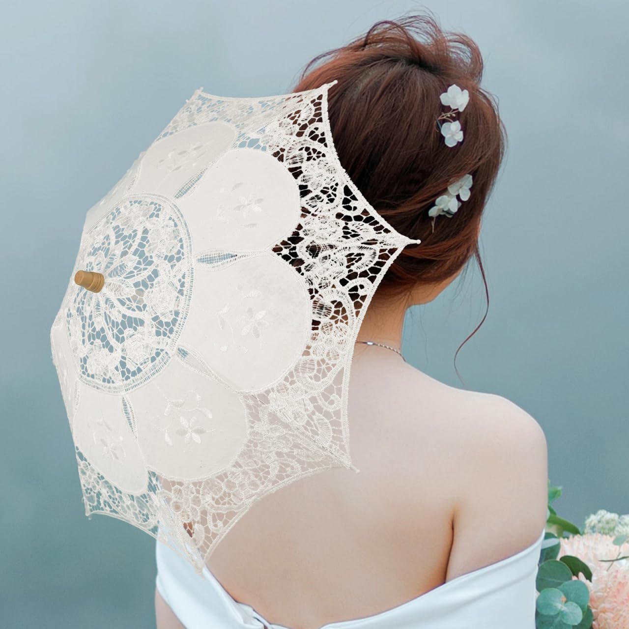 Garneck Parapluie de Mariage en Dentelle Beige 38 Cm Double Couche, Ombrelle Élégante pour Demoiselles D’honneur, Accessoire Photo et Cérémonie, Parapluie Léger 64 G pour Cérémonie