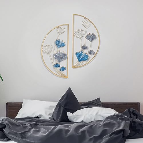 Vista 4 de Edeco Juego de 2 piezas de decoración de pared de metal, hojas de ginkgo semicírculo 3D, escultura de pared para sala de estar, dormitorio, comedor