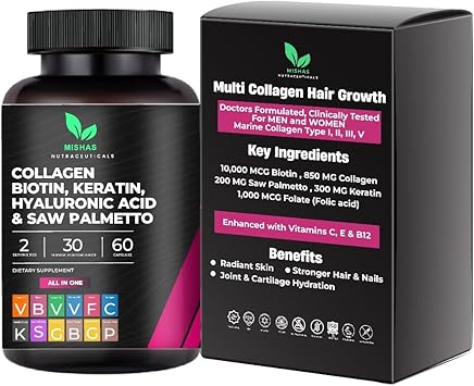 Multi Collagen Hair Pills - Biotin 10, 000mcg, Keratin and Hyaluronic Acid - Hair Growth - hair skin and nails - DHT Blocking, Saw Palmetto, Vitamin E, Folic Acid, Pumpkin Seed, MSM - 60 Vegan Capsules