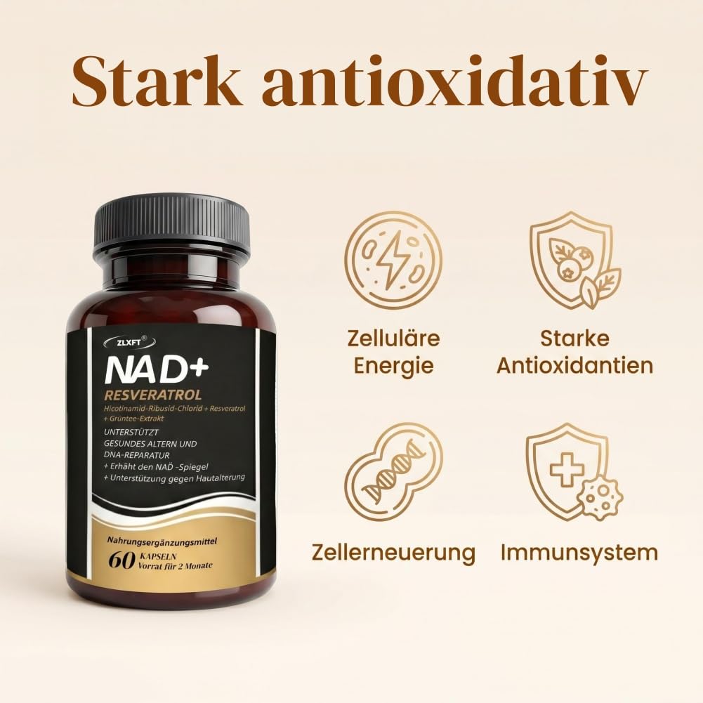NAD+ Supplement,2pcs NAD+ Supplements mit Resveratrol, Nicotinamid-Ribosid Kapseln,Hochreines NR Supplements,Plus Resveratrol Kapseln,Hochdosiertes Supplement mit Resveratrol,120 Kapseln