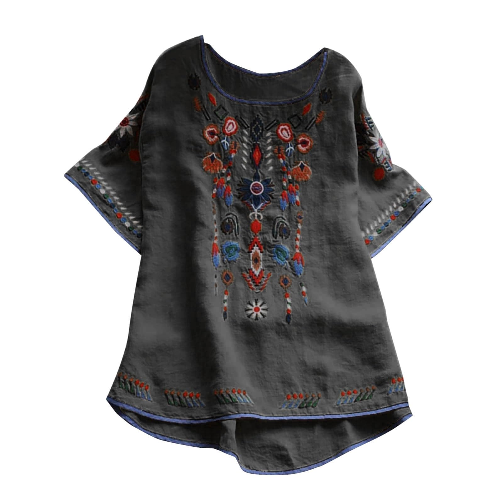 Mexican Embroidered Shirts for Women Boho Tops Loose Short Sleeve Bohemian Blouses Peasant Summer Outfits