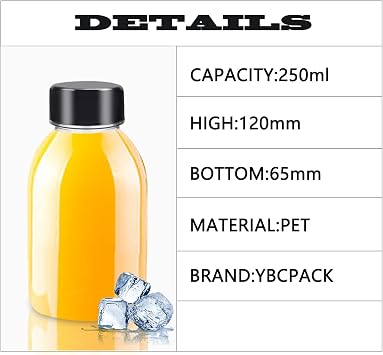 YBCPACK 12 Pack 8 OZ (250 ml) Clear Plastic Juice Bottles with Lids,1 Brush - Empty Plastic Smoothie Bottles Ideal for Juice, Milk, Homemade Beverages