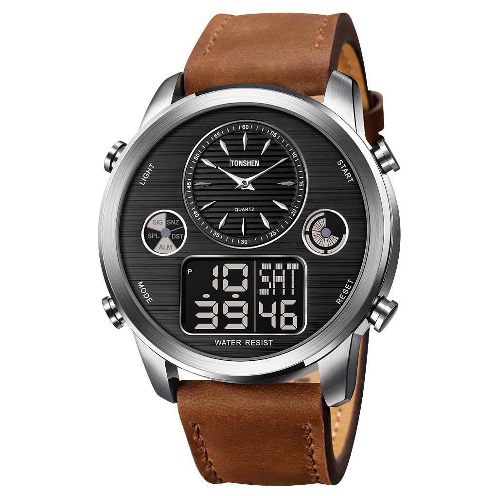 TONSHEN Uomo Fashion Stile Casual Acciaio Inossidabile Digitale Orologi da Polso e Pelle Cinturino Multifunzione LED Elettronico Outdoor Militare Sportivo Orologio Tre Tempo