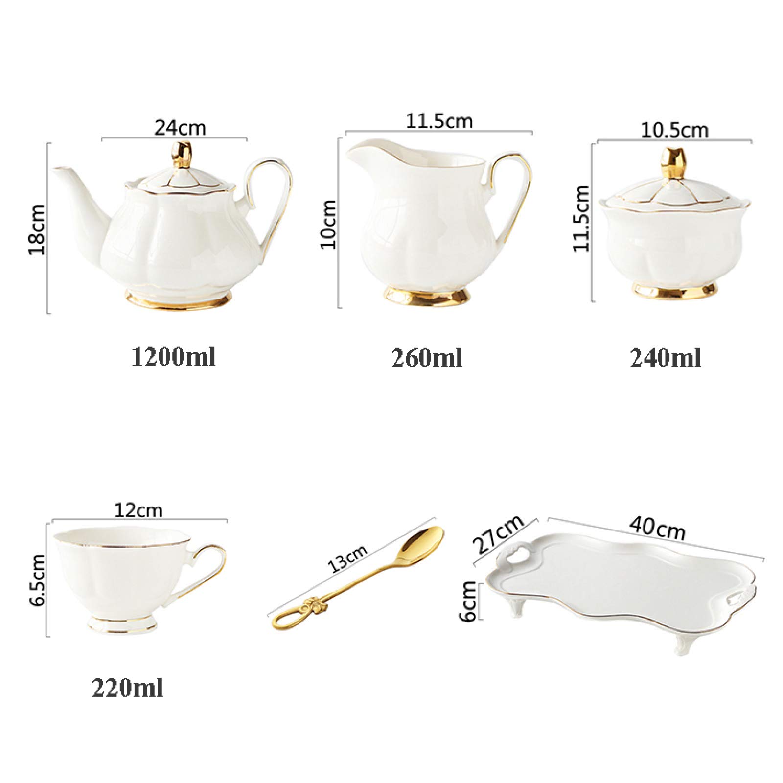 Set da tè per Adulti Set da tè con Teiera E Tazze da caffè Set da caffè in Porcellana Bianca con Zuccheriera, Lattiera, Cucchiai, Vassoio da Portata